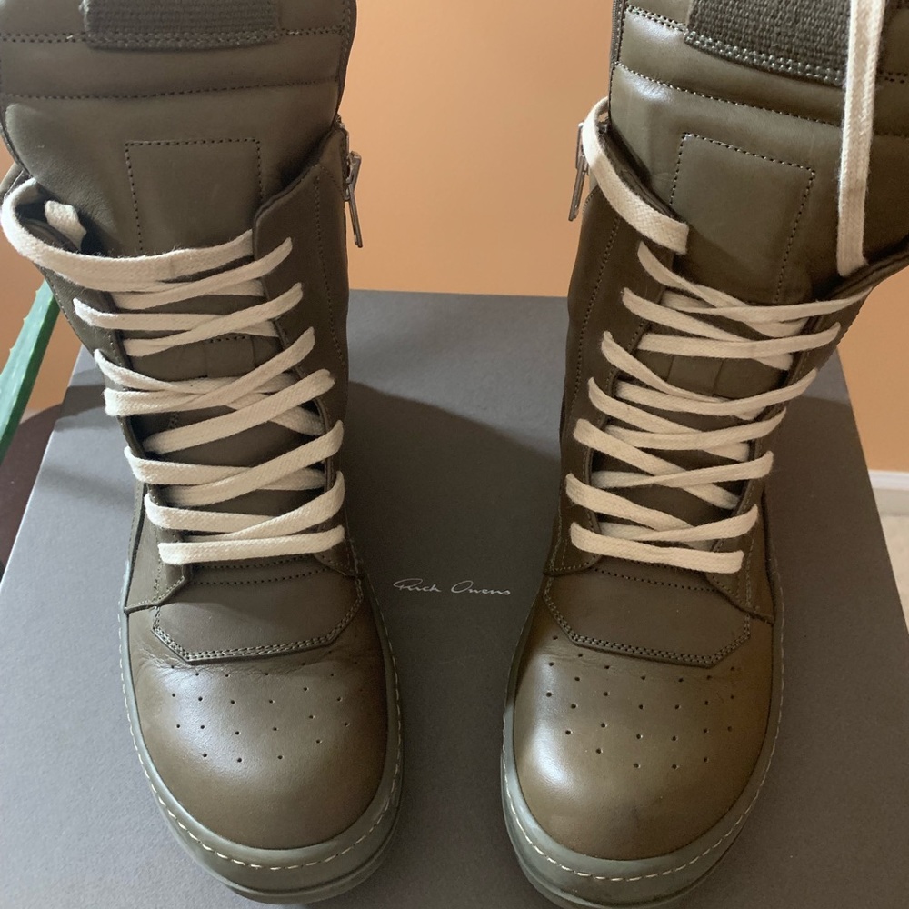 Rick Owens Geobasket Olive Green Leather Sneakers